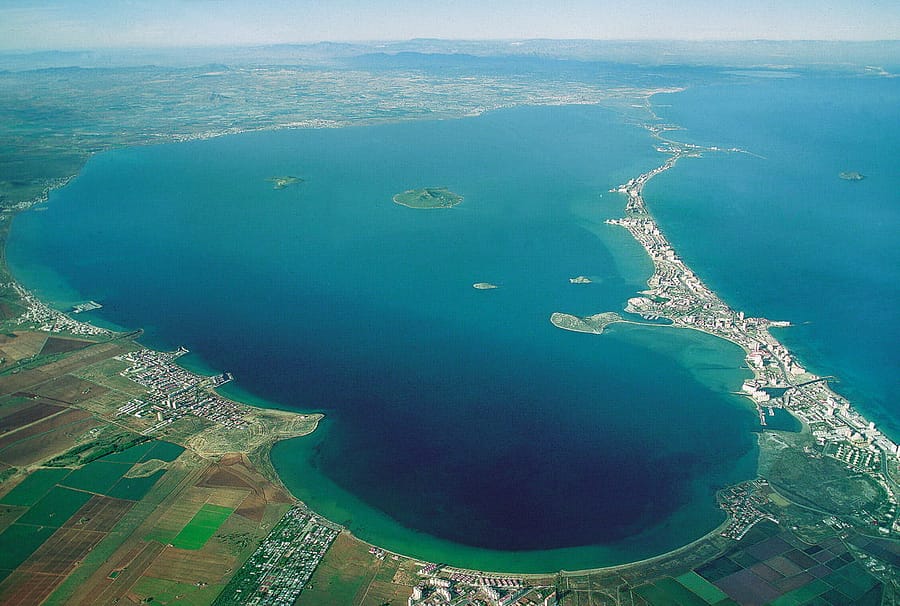 Aerial view of La Manga strip and the Mar Menor sea